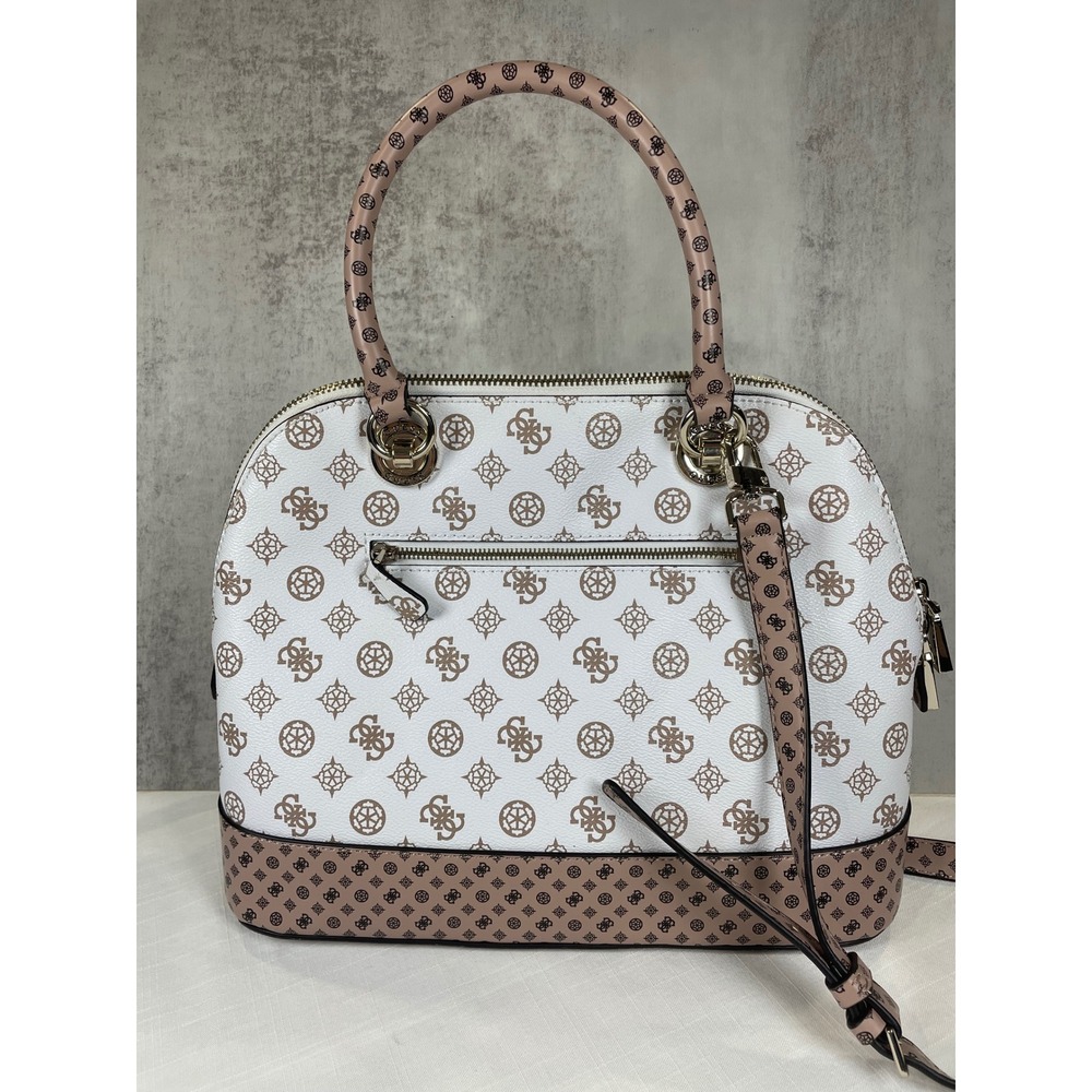 Guess Bella Vita Dome Satchel Handbag White Brown Logo Print Convertible Strap - Picture 9 of 15